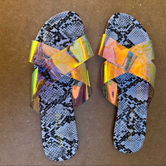 Chase + Chloe Shoes - Chase and Chloe Holographic Snake Embossed Clear Strap Irma Slides Sandals